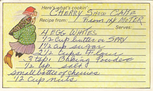 cherry snow cake recipe card